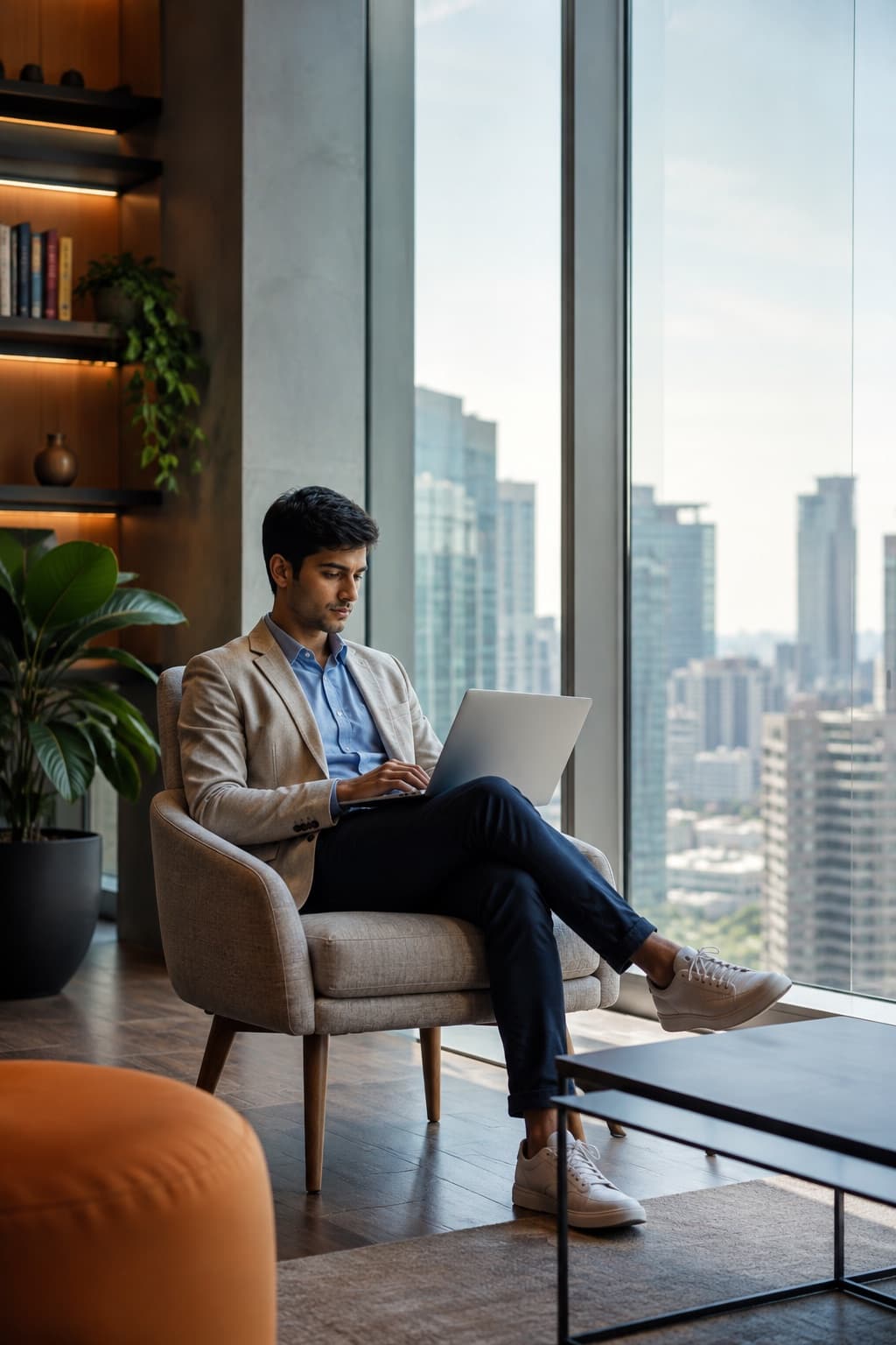 A job seeker working on a laptop in a modern office lounge
