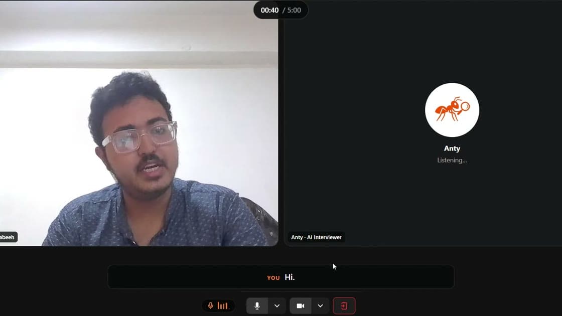 A HiringAnt AI interview in progress: the candidate on the left, Anty the AI interviewer on the right